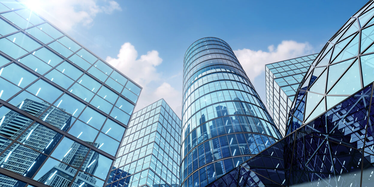 Modern style hi rise blue glass building exterior with transparent wall 3d render