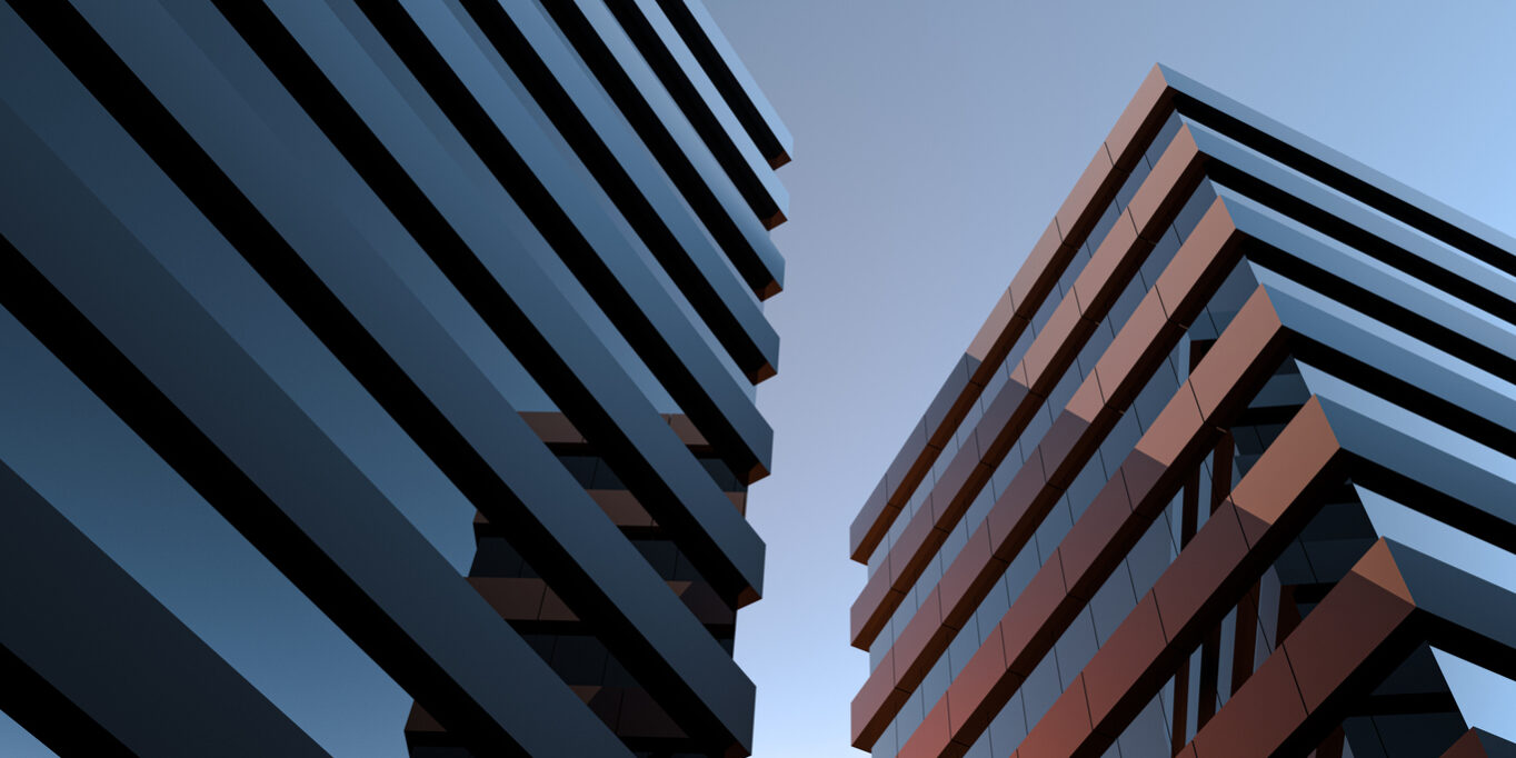 Two modern buildings with glass windows. Architecture design of buildings. Office space, houses at sunset in the evening. 3D render.