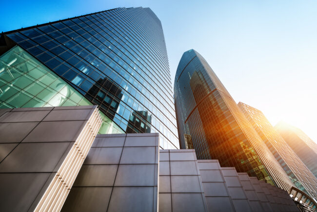 Up View in Financial District under Sun Flare, Shanghai, China
