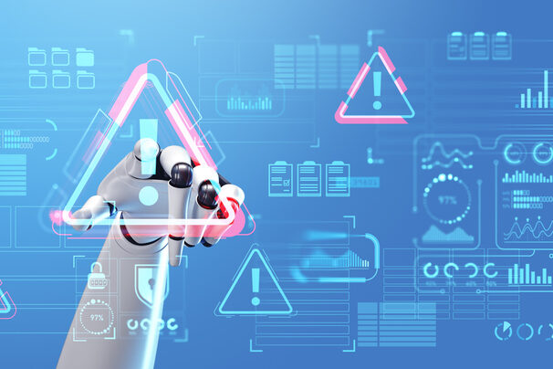 Robot hand using malware alert cybersecurity interface