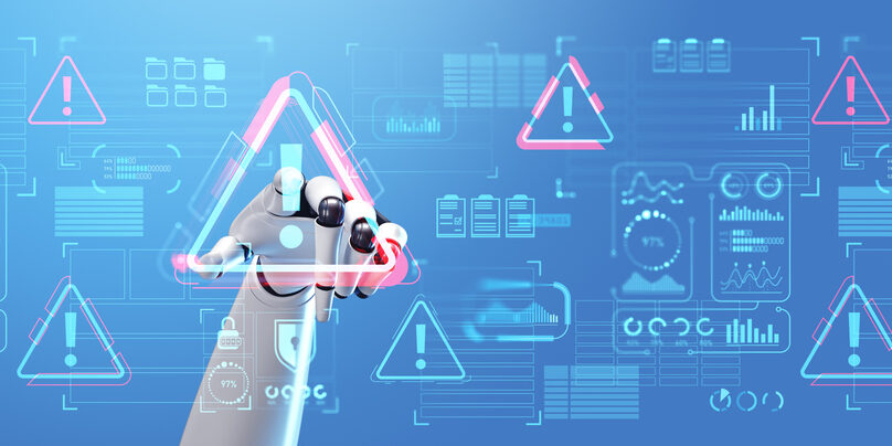 Robot hand using malware alert cybersecurity interface
